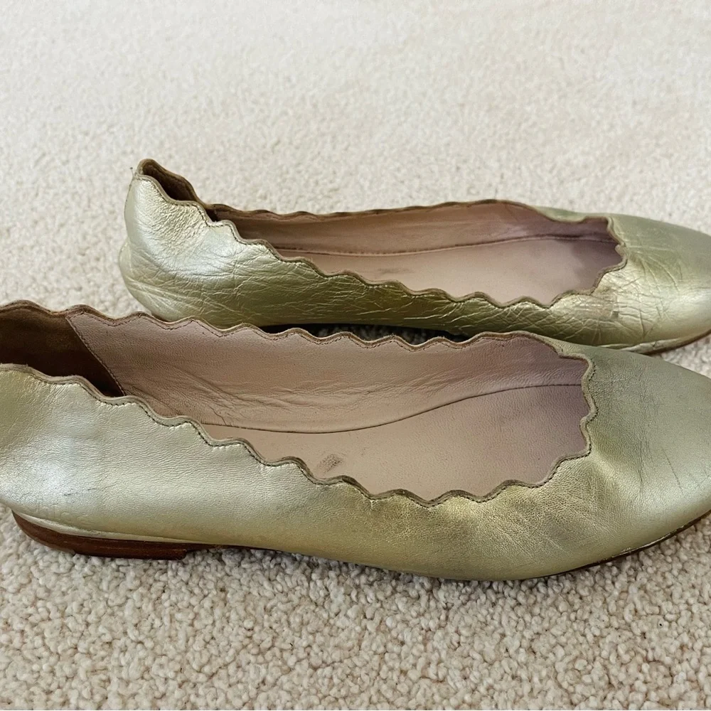 CHLOE LAUREN GOLD LEATHER BALLET 34 4 GIRLS HOLIDAY FLATS SCALLOPED EDGE SLIP IN